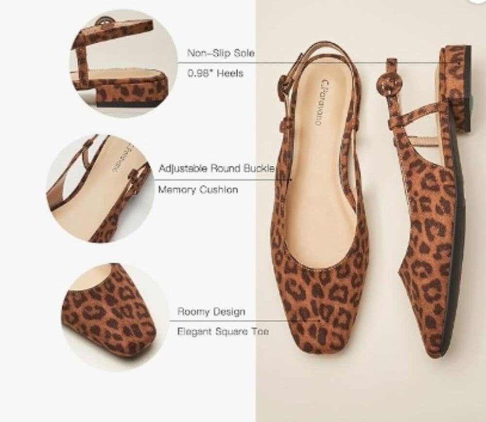 C.Paravano Women’s Leopard Square Toe Slingback Flats Size 36 US 6 New